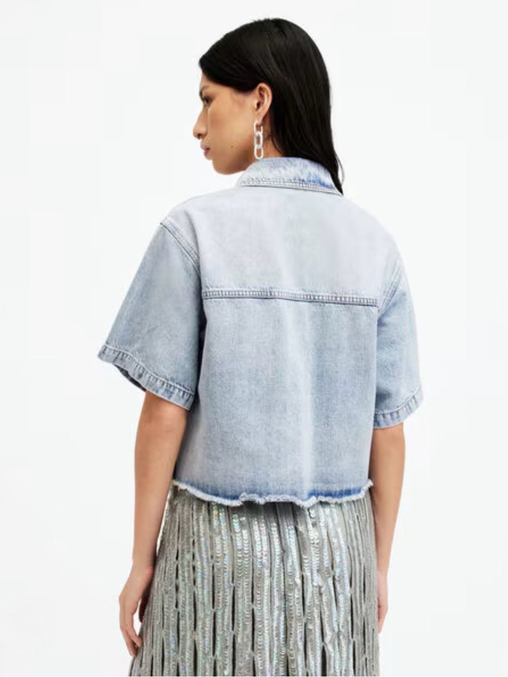 NWT AllSaints Women’s Short Sleeve Light Wash Denim Button-Up Shirt Jacket - M - Picture 8 of 10